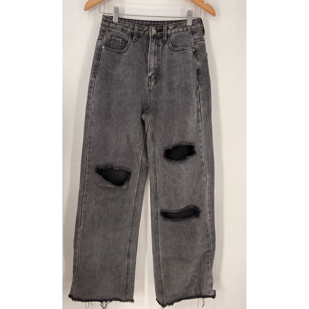 Acid‎ Wash Distressed Ripped Jeans Women's Wide Leg Raw Hem Denim Pants